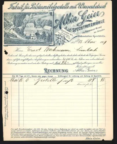 Rechnung Spechtritzmühle 1909, Albin Geier, Fabrik für Polstermöbelgestelle mit Wasserbetrieb, Ansicht der Fabrik