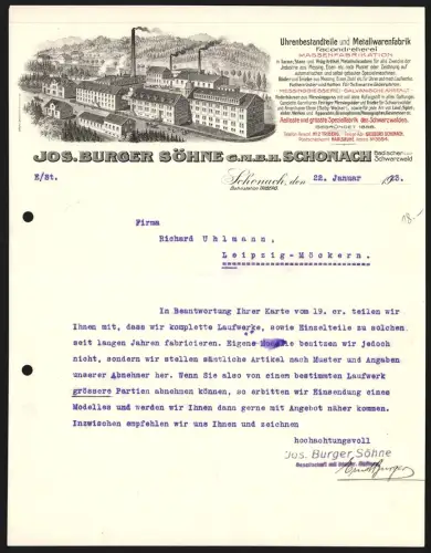 Rechnung Schonach 1923, Jos. Burger Söhne G.m.b.H., Uhrenbestandteil- und Metallwarenfabrik, Blick auf das Werksgelände