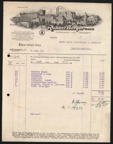 Rechnung Pössneck 1933, Robert Berger G.m.b.H., Schokoladen- und Kakaofabrik, Gesamtansicht der Fabrik