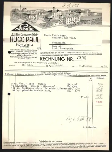 Rechnung Sohland /Spree 1939, Hugo Paul, Lusatia Lausitzer Conservenfabrik, Obstkonfitüren, Fruchträfte, Werksgelände