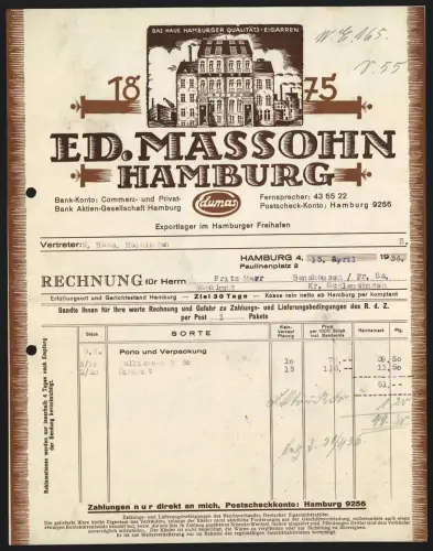 Rechnung Hamburg 1936, Es. Massohn, Qualitäts-Zigarren, Exportlager im Hamburger Freihafen, Fassade des Lagers