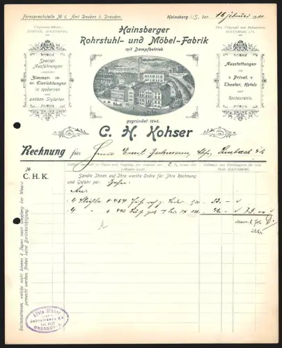 Rechnung Hainsberg i. S. 1911, C. H. Kohser, Hainsberger Rohrstuhl- und Möbel-Fabrik, Werksgelände