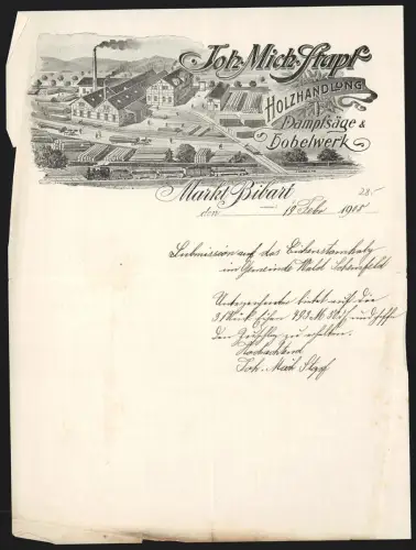 Rechnung Markt Bibart 1905, Joh. Mich. Stapf, Holzhandlung, Dampfsäge und Hobelwerk, Werksgelände
