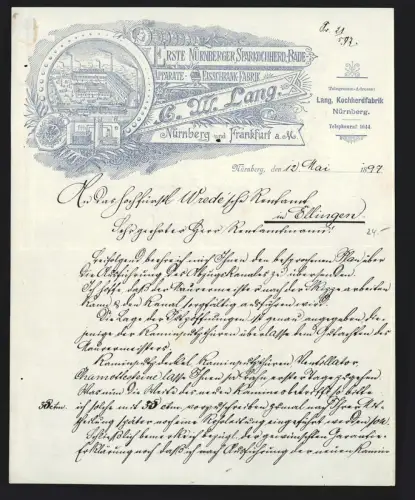 Rechnung Nürnberg 1897, C. W. Lang, Erste Nürnberger Sparkochherd- und Eisschrank-Fabrik, Ansicht vom Werksgelände