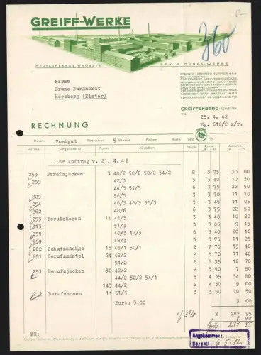 Rechnung Greiffenberg /Schlesien 1942, Greiff-Werke, Bekleidungs-Werke, Ansicht vom Werksgelände