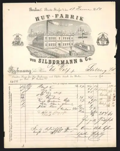 Rechnung Berlin 1880, Hut-Fabrik von Silbermann & Co., Ansicht der Fabrik