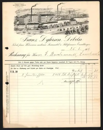 Rechnung Döbeln 1909, Franz Dyhrsen, Fabrik für Holzwaren, Luxusmöbel und Schlafzimmer-Einrichtungen, Werksgelände