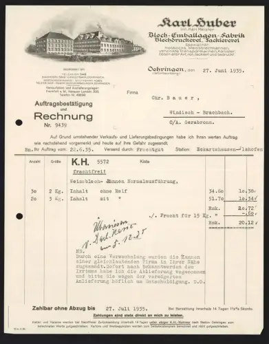 Rechnung Oehringen /Württemberg 1935, Karl Huber, Bleck-Emballagen-Fabrik, Inh. Karl Meister, Ansicht der Fabrik