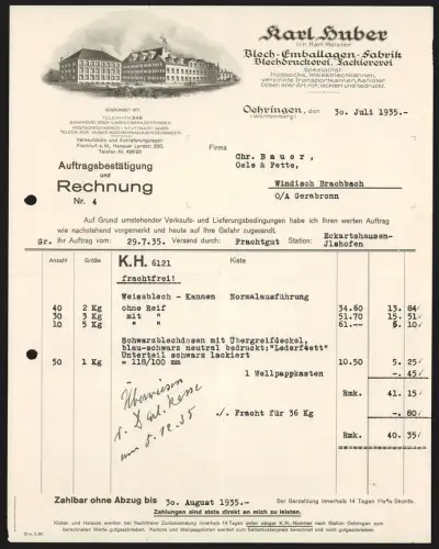Rechnung Oehringen /Württemberg 1935, Karl Huber, Bleck-Emballagen-Fabrik, Inh. Karl Meister, Ansicht des Werkes