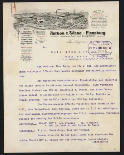 Rechnung Flensburg 1920, Anthon & Söhne, Maschinenfabrik und Eisengiesserei, Werksgelände aus der Vogelschau