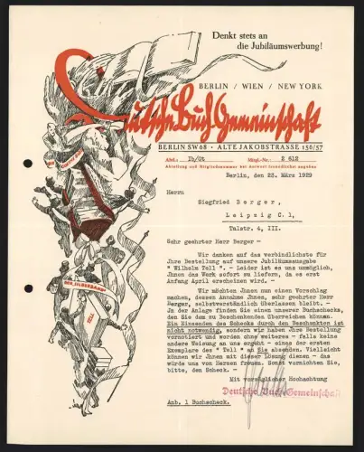 Rechnung Berlin 1929, Deutsche Buch Gemeinschaft, Männer in Anzügen mit Büchern und Bannern