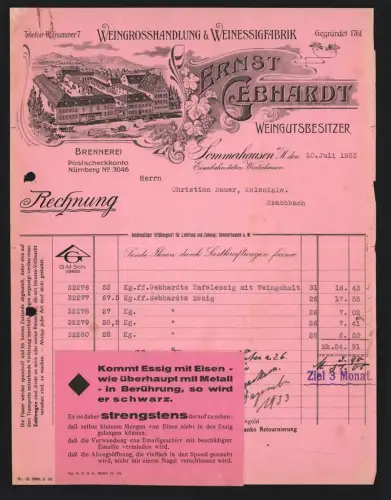 Rechnung Sommerhausen a. M. 1933, Ernst Gebhardt, Weingrosshandlung, Brennerei aus der Vogelschau