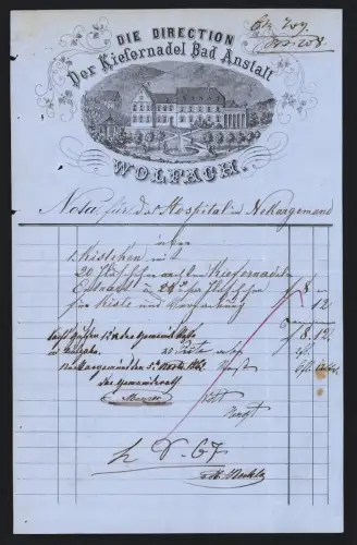 Rechnung Wolfach, Direktion der Kiefernadel Bad Anstalt, Ansicht mit Springbrunnen