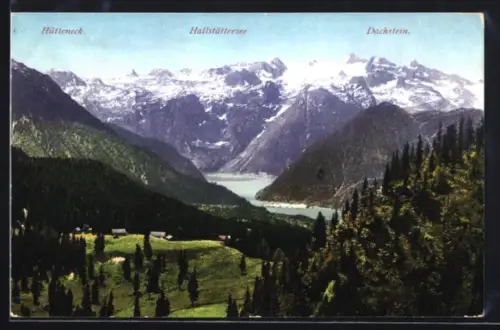AK Bad Goisern, Hütteneck-Alpe, Panorama mit Hallstättersee und Dachstein