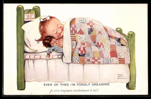 Künstler-AK Mabel Lucie Attwell: Ever of thee I`m fondly dreaming, Schlafendes kleines Mädchen mit Puppe