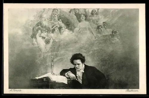 Künstler-AK Beethoven an seinem Klavier, Engelschor über ihm