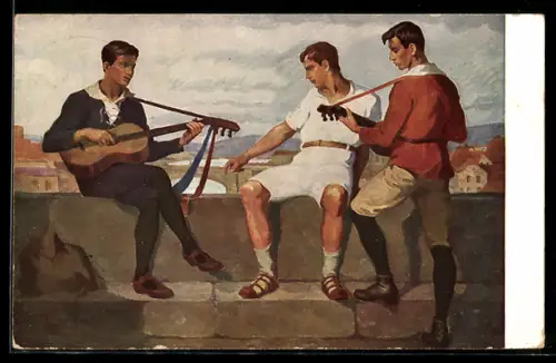 Künstler-AK Wanderer rasten und spielen auf der Gitarre
