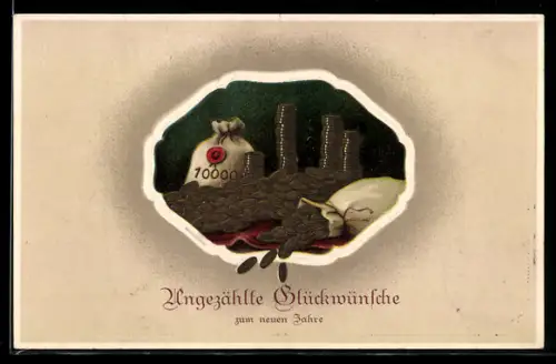 AK Neujahr, Geldsack mit Münzen