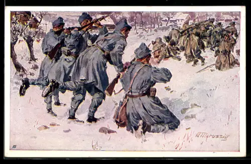 AK Rotes Kreuz Nr. 200: Soldaten bekämpfen feindliche Patrouille, Kriegsfürsorge