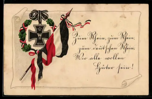 AK Eisernes Kreuz 1914 mit Eichenlaubkranz & Fahnen