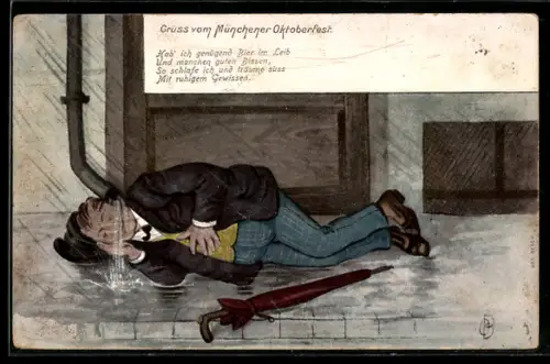 Künstler-AK Trinkerhumor, Betrunkener schläft bei Regen unter einer laufenden Regenrinne