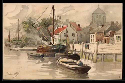 Künstler-Lithographie Ferdinand Coenraets: Boote liegen im Hafen