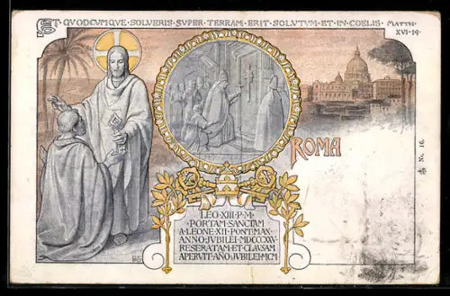 AK Roma, Blick auf den Petersdom, Papst Leo XIII., Jesus mit Schlüssel