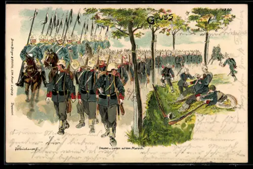 Lithographie Freuden und Leiden beim Marsch, Kaisermanöver