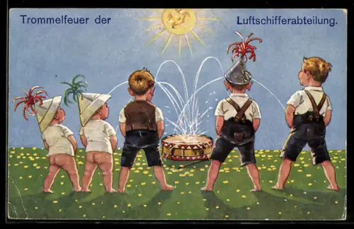 AK Trommelfeuer der Luftschifferabteilung, Scherz, der Sonne entgegen urinierende Knaben
