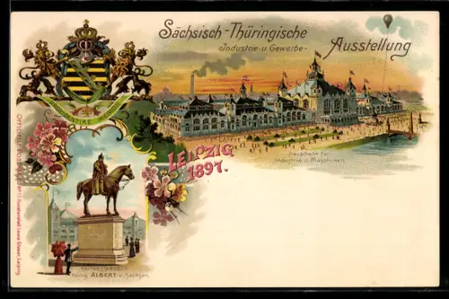 Lithographie Leipzig, Sächsisch-Thüringische Industrie u. Gewerbe-Ausstellung 1897, Wappen, Ausstellungshalle