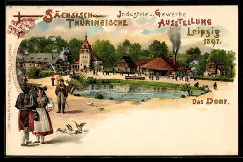 Lithographie Leipzig, Sächsisch-Thüringische Industrie- & Gewerbe-Ausstellung 1897, Ansicht vom Dorf