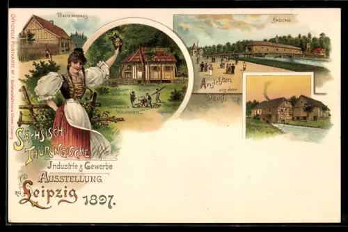 Lithographie Leipzig, Industrie & Gewerbe Ausstellung 1897, Thüringer Waldhütte, Brücke, Bauernhaus, Frau in Tracht