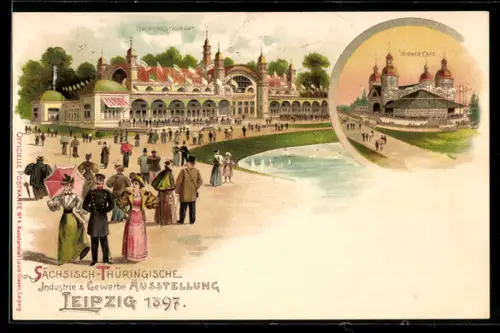 Lithographie Leipzig, Sächsisch-Thüringische Industrie & Gewerbe Ausstellung 1897, Hauptrestaurant, Wiener Cafe