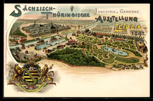 Lithographie Leipzig, Sächsisch Thüringische Industrie- & Gewerbe-Ausstellung 1897, Ansicht des Messegeländes