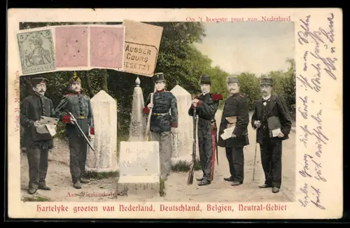 AK Vierländerblick - Deutsche, belgische, niederländische und neutrale Zöllner an den Grenzsteinen, Briefmarken
