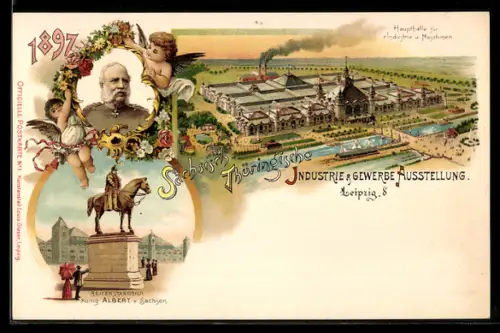 Lithographie Leipzig, Industrie- und Gewerbeausstellung 1897, Haupthalle und Reiterstandbild König Albert v. Sachsen