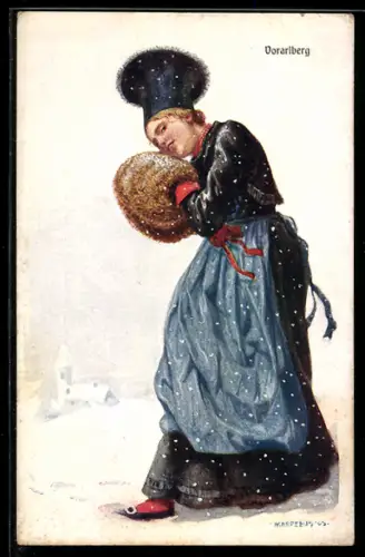 Künstler-AK Adolf Karpellus: junge Frau in Tracht, Wappen Voralberg