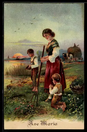 AK Ave Maria, Mutter mit betenden Söhnen auf dem Feld bei Sonnenuntergang