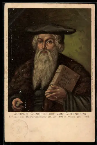Lithographie Johann Gensfleisch zum Gutenberg, Erfinder der Buchdruckerkunst