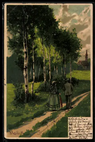 Künstler-Lithographie Alfred Mailick: Fröhliche Pfingsten, Paar bei Spaziergang