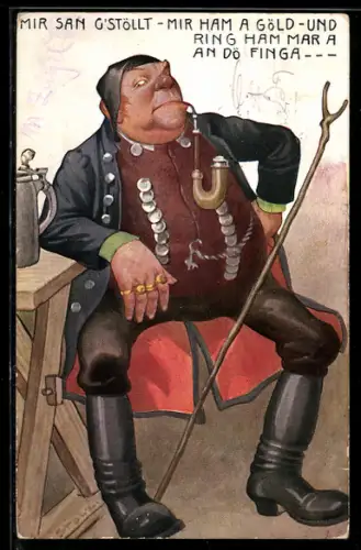 Künstler-AK sign. Stolz: Mir san g`stöllt..., Reicher Bayer mit Goldringen