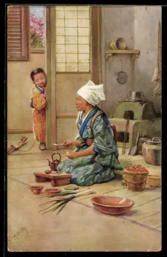 AK A Japanese Cook, Japanerin im Kimono kocht