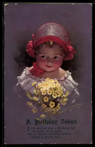Künstler-AK Ludwig Knoefel: Kleines Mädchen mit festlicher Kappe und Blumen