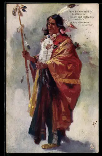 AK The Song of Hiawatha - Longfellow, First Nation, Mann in festlicher Kleidung