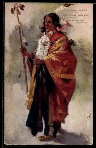 AK The Song of Hiawatha - Longfellow, First Nation, Mann in festlicher Kleidung