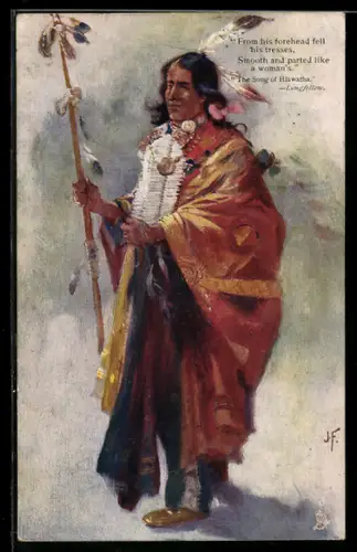 AK The Song of Hiawatha - Longfellow, First Nation, Mann in festlicher Kleidung