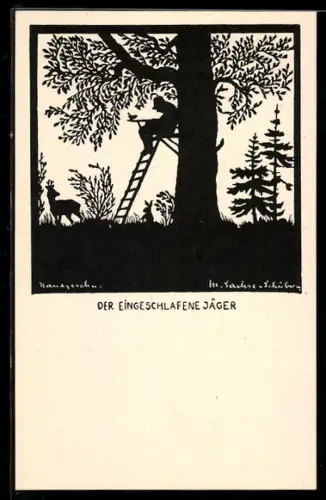 Künstler-AK M. Sachse-Schubert: der eingeschlafene Jäger, Reh, Hase