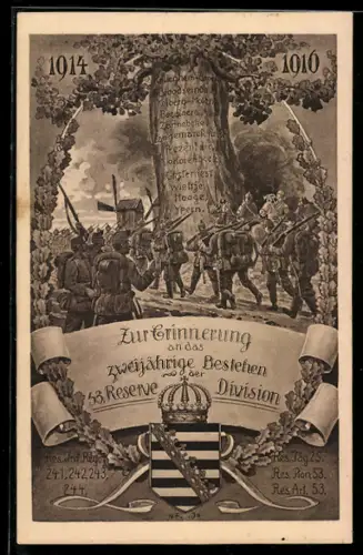 Künstler-AK 1914-1916, zweijähriges Bestehen der 53. Reserve Division, Res. Inf. Reg. 241,242,243 & Jäg.25