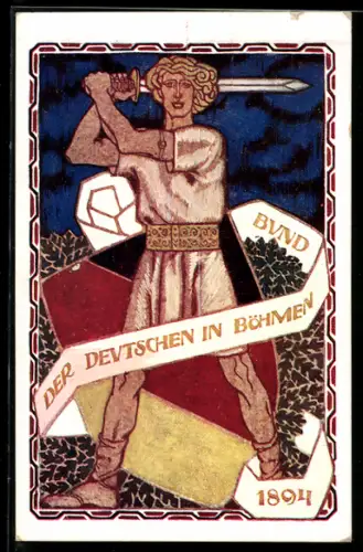 AK Bund der Deutschen in Böhmen 1894, Mann mit Schwert vor einem Wappen