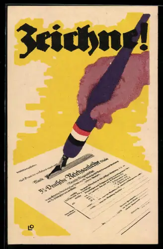 AK Kriegsanleihe, Hand mit einem Federhalter zeichnet Kriegsanleihe